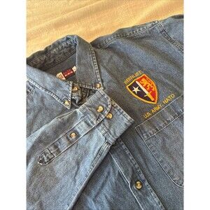 Vtg US BASIC Reenlist US ARMY NATO Denim Button Down Cotton Shirt Men’s Size L
